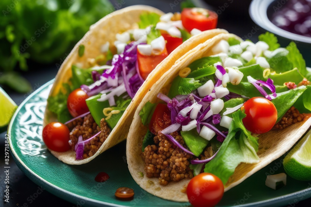Delicious chicken avocado tacos displayed elegantly on a wooden table. Delicious chicken avocado tacos displayed elegantly on a wooden table.