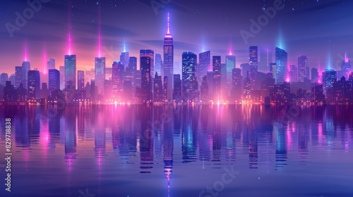 Futuristic 3D graphic of a city skyline illuminated by neon lights, featuring surfing themes that add a dynamic and energetic vibe to the urban night