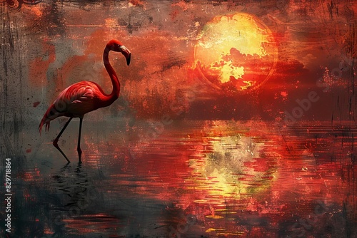 Stunning digital artwork of a flamingo standing in water at sunset  with vibrant reds and oranges reflecting in the serene landscape.