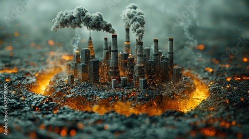 Graphic depiction in 3D of smokestacks rising around a globe, emitting dark plumes of pollution that symbolize the pressing issue of climate change photo