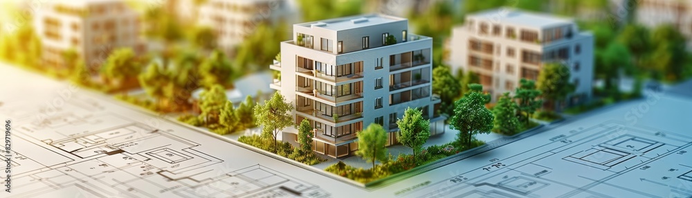 A 3D rendering of a modern apartment building. The building is made of glass and steel and has a green roof. It is surrounded by trees and plants.