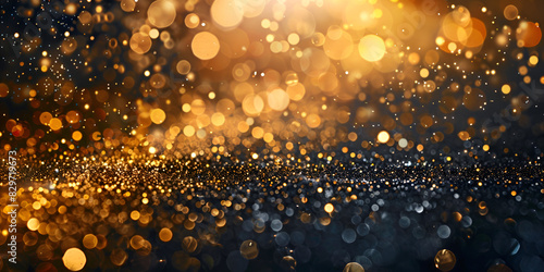 Abstract luxury gold background with gold particles glitter vintage lights background Christmas Golden light shine particles bokeh on dark background.