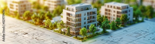 A 3D rendering of a modern apartment building. The building is made of glass and steel and has a green roof. It is surrounded by trees and plants.