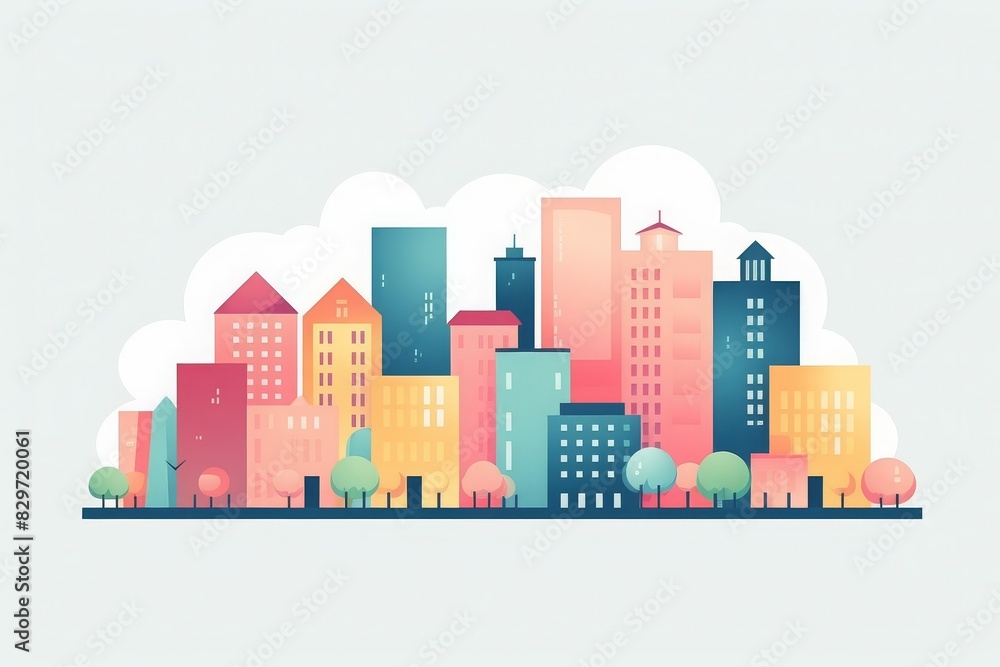 Colorful cityscape illustration featuring modern skyscrapers and buildings in a vibrant, abstract style. Perfect for urban and artistic projects.
