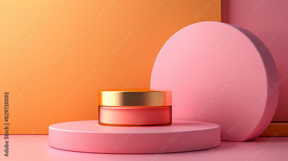 A pink and orange background with a small round table with a jar of cream on it A pink and orange background with a small round table with a jar of cream on it