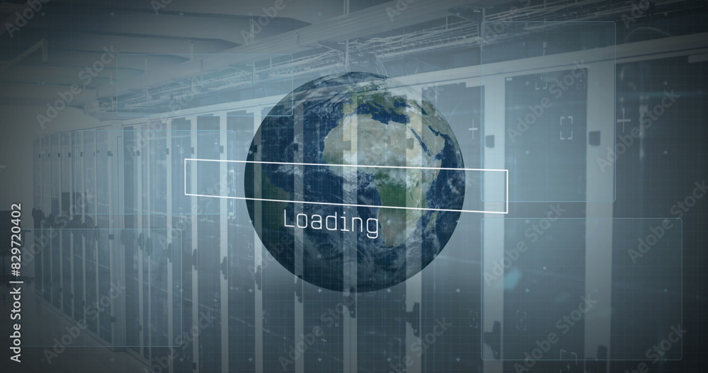 Obraz premium Image of interface with data processing over spinning globe against computer server room