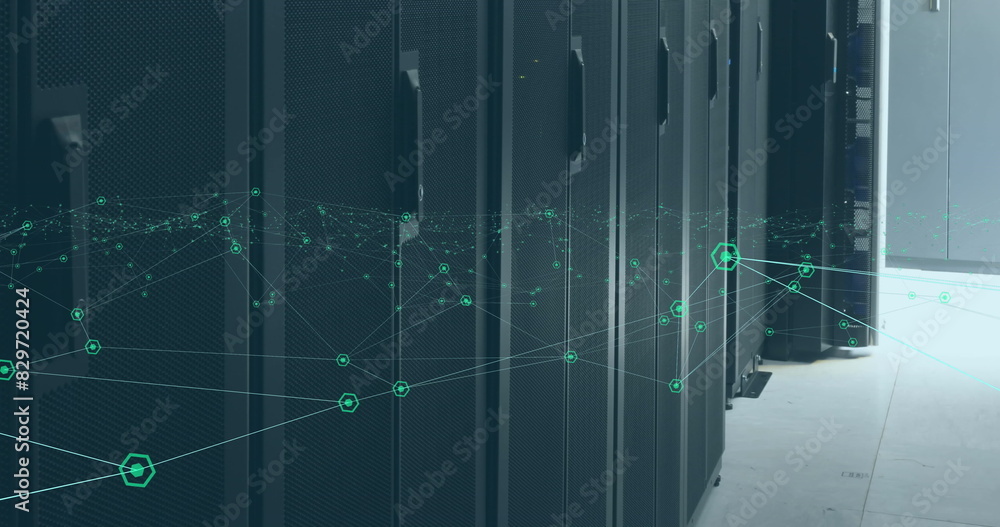 Image of network of connections and data processing against server room Image of network of connections and data processing against server room