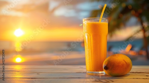 Refreshing mango smoothie on a tropical beach at sunset  evoking a sense of relaxation and summer vibes. Generative Ai