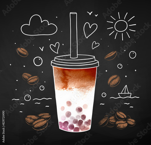 Bubble Coffee hand drawn vector illustration with coffee beans and line art doodles on chalkboard background