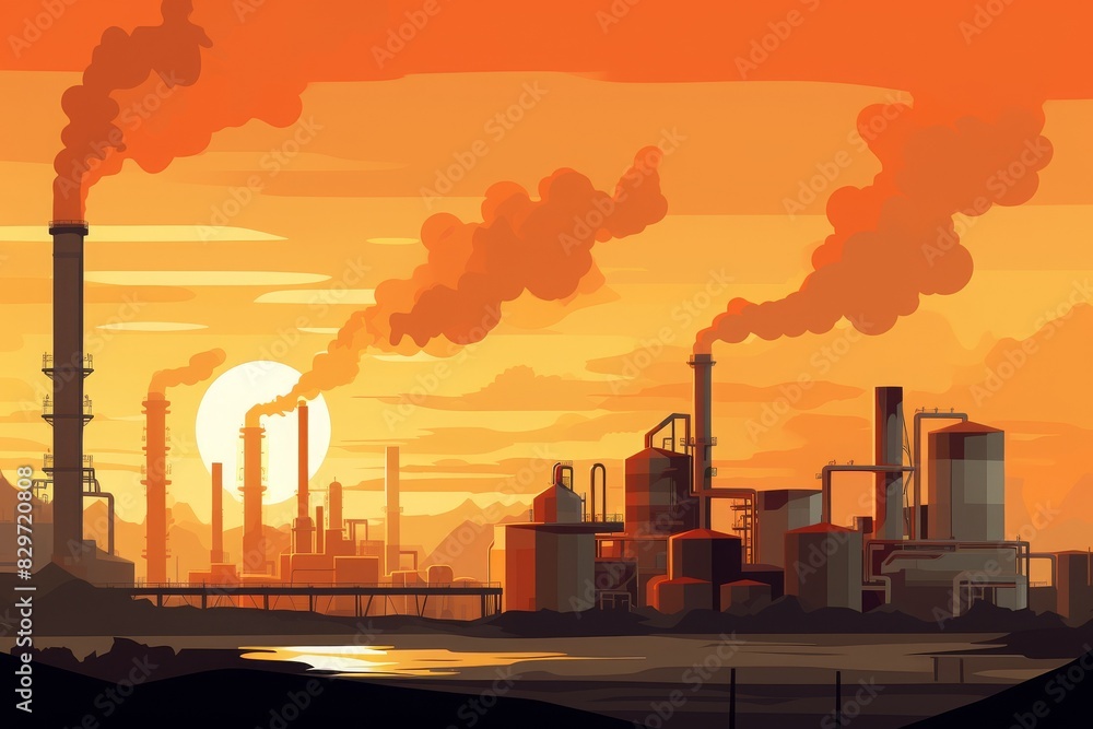 Φωτογραφία Industrial landscape at sunset with smokestacks emitting smoke, highlighting environmental impact and air pollution in urban areas