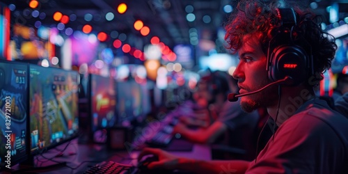 A man wearing headphones is focused on using a computer