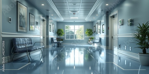 A hallway stretches into the distance with a bench and potted plant placed along its length