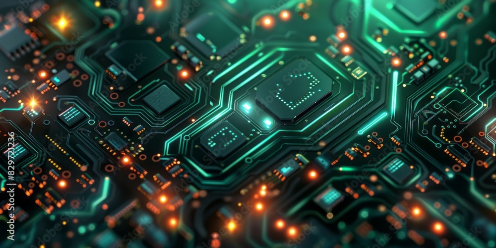 Detailed view of a computer circuit board showing electronic components and pathways Detailed view of a computer circuit board showing electronic components and pathways