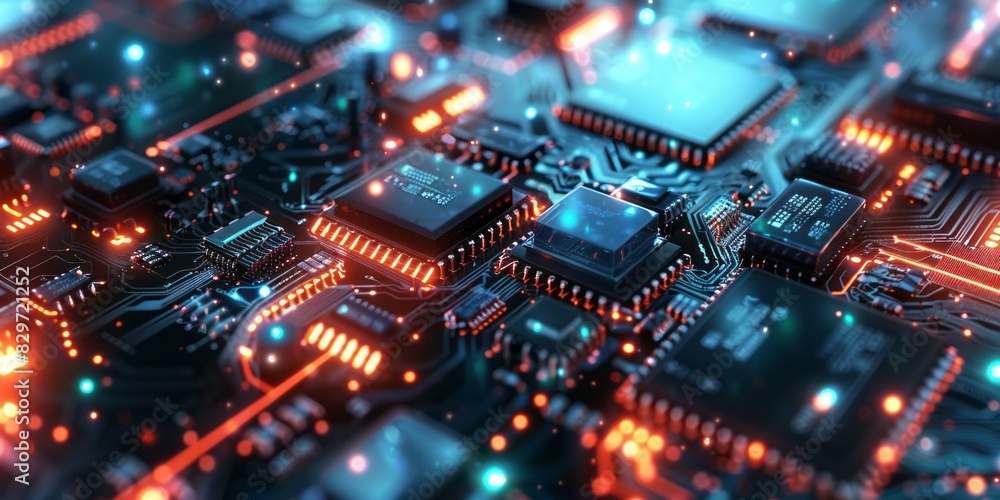 Detailed view of a computer circuit board with microchips and electronic components Detailed view of a computer circuit board with microchips and electronic components
