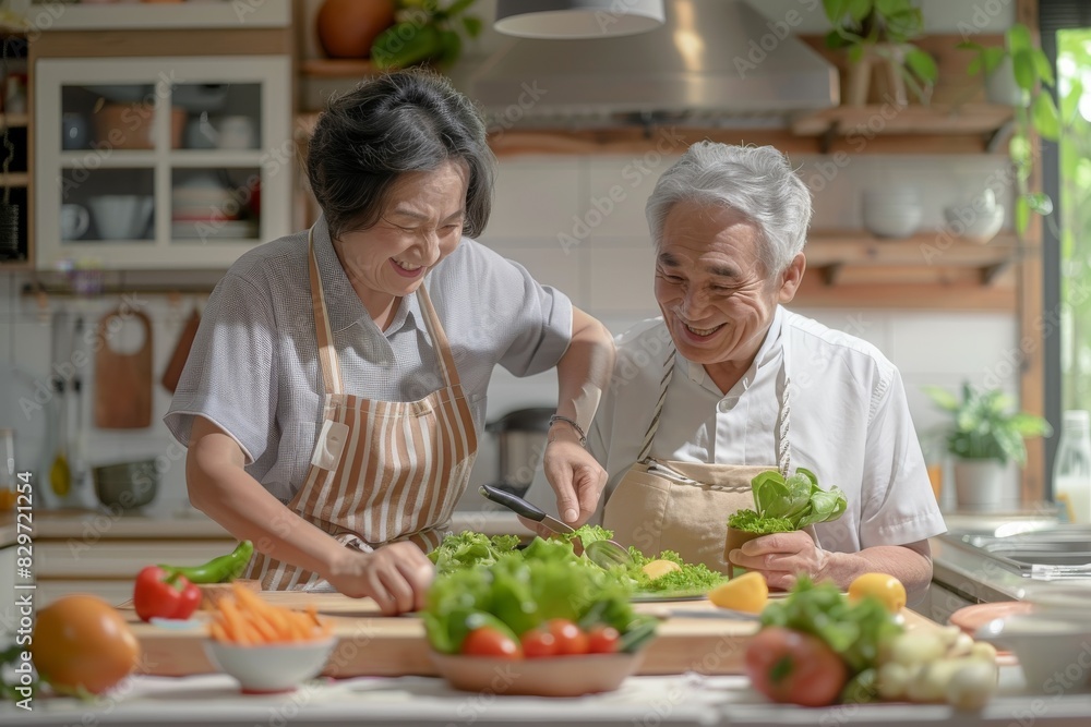 A senior couple of older people are in a kitchen, preparing a meal together