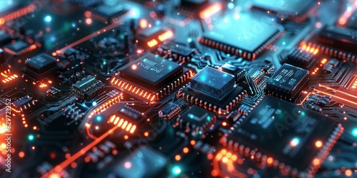 Detailed view of a computer circuit board with microchips and electronic components