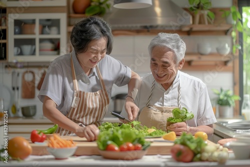 A senior couple of older people are in a kitchen  preparing a meal together