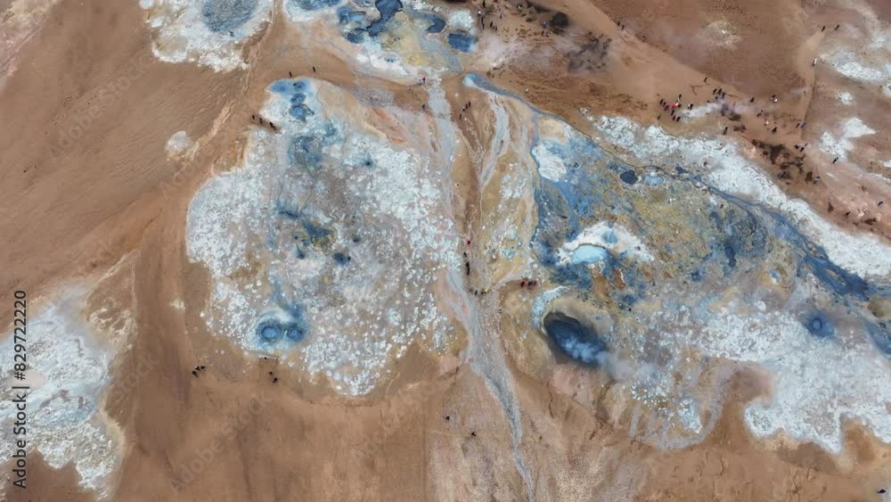 Birdseye Aerial View of Geysers and Hot Springs in Landscape of Iceland, Drone Shot Birdseye Aerial View of Geysers and Hot Springs in Landscape of Iceland, Drone Shot