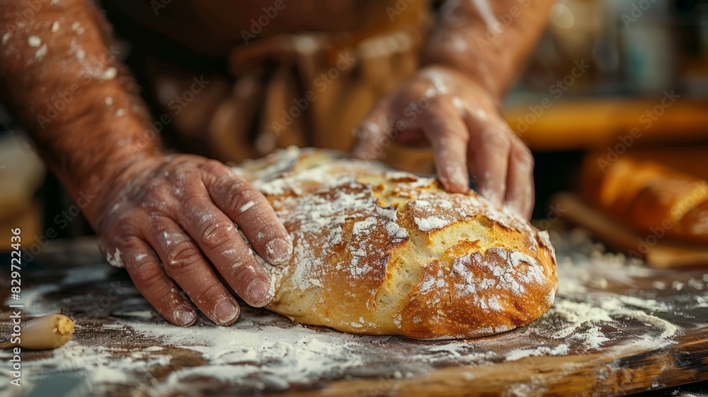 A person is kneading a freshly made loaf of bread on a wooden table
