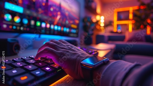 A person is typing on a keyboard while wearing a smart watch on their wrist
