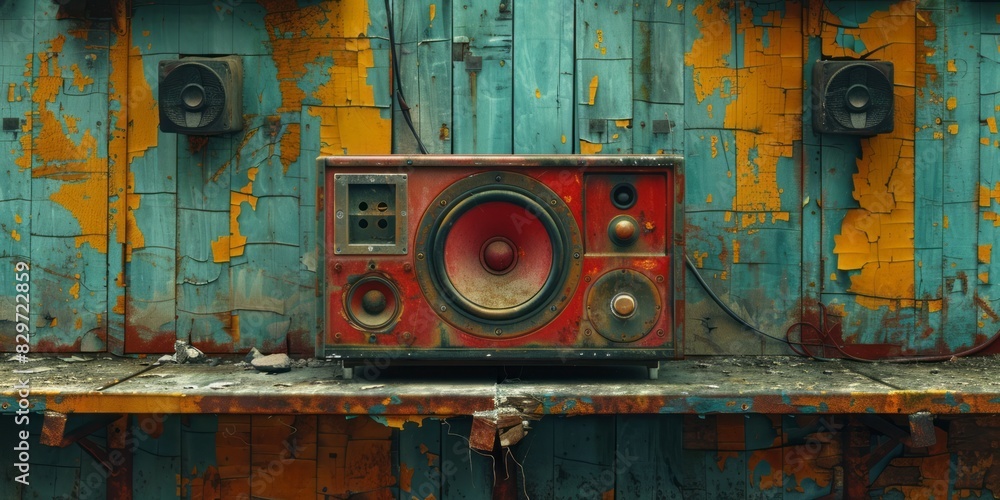 An antique radio rests on a wooden shelf, showcasing a piece of nostalgia in a classic setting An antique radio rests on a wooden shelf, showcasing a piece of nostalgia in a classic setting