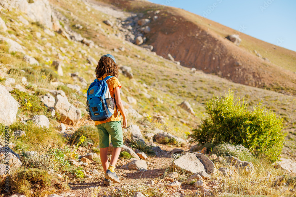 Naklejka premium summer camp. boy with a backpack. a boy with a backpack walks along a path against the background of mountains. travel and hiking. traveling with children to the mountains.