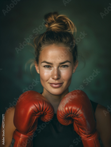 AI generated illustration of a young woman in red boxing gloves