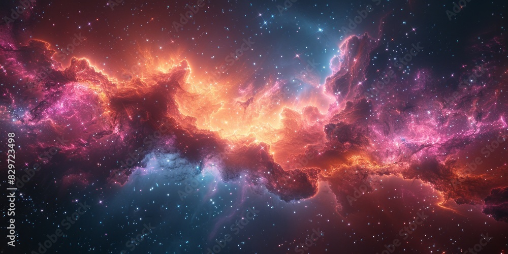 Fototapeta premium A vibrant space aglow with stars and scattered clouds against a dark backdrop