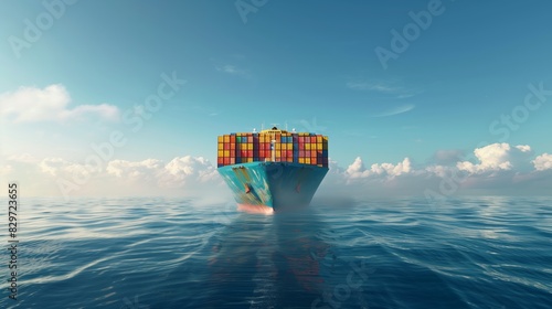 Massive Cargo Ship Loaded with Containers on Open Sea - Global Trade and Logistics photo