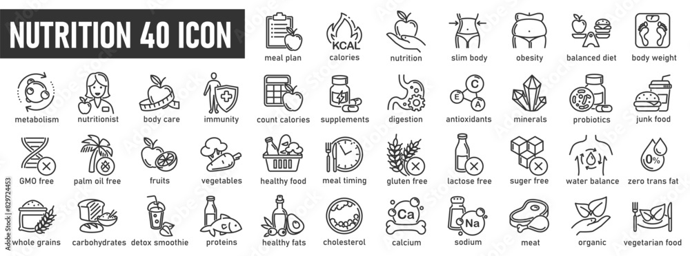 Nutrition, healthy food and detox diet vector icons set