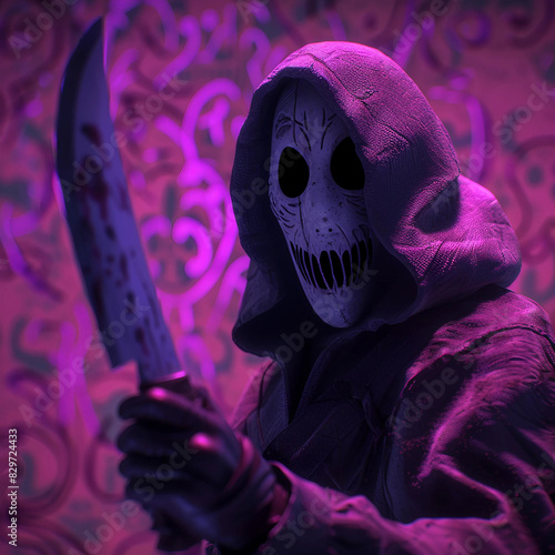 Horror Movie Slasher Villain Holding a Knife While Wearing a Mask and a Hood photo