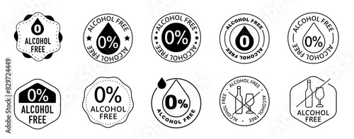 Alcohol free icon vector set. Zero alcohol emblem icon set