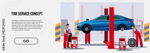 Workers in car service tire service and car repair vector illustration