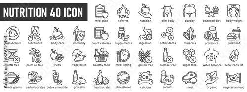 Nutrition, healthy food and detox diet vector icons set