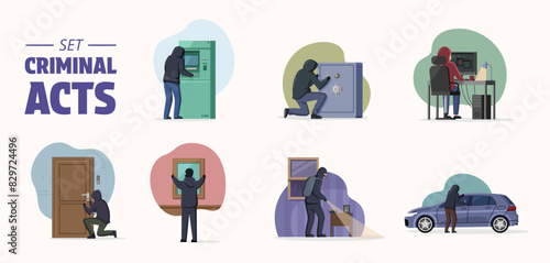 Criminal acts set icon. Scenes with various robbers and various criminal acts