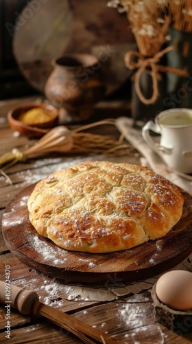 Freshly made round bread with garlic, presented on a rustic kitchen table with baking tools