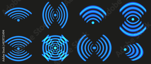 Set Neon WIFI Signal isolated black background. Vector WI FI symbol collection can used web and social design.