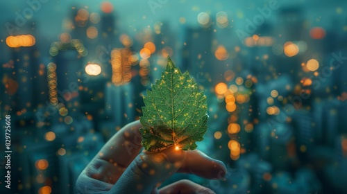 A single leaf is held in front of a blurred cityscape at night. The leaf is held between two fingers and is glowing. photo