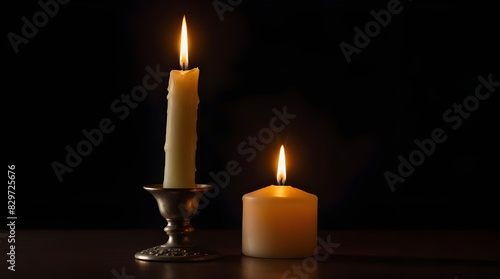 A single candle in a still life with a warm glow against a black background was photographed in high definition using a 70mm lens.