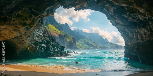 A cave opening revealing a beach with a body of water, surrounded by rocky cliffs