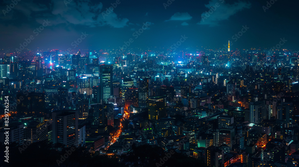 A vibrant city skyline with illuminated buildings at night