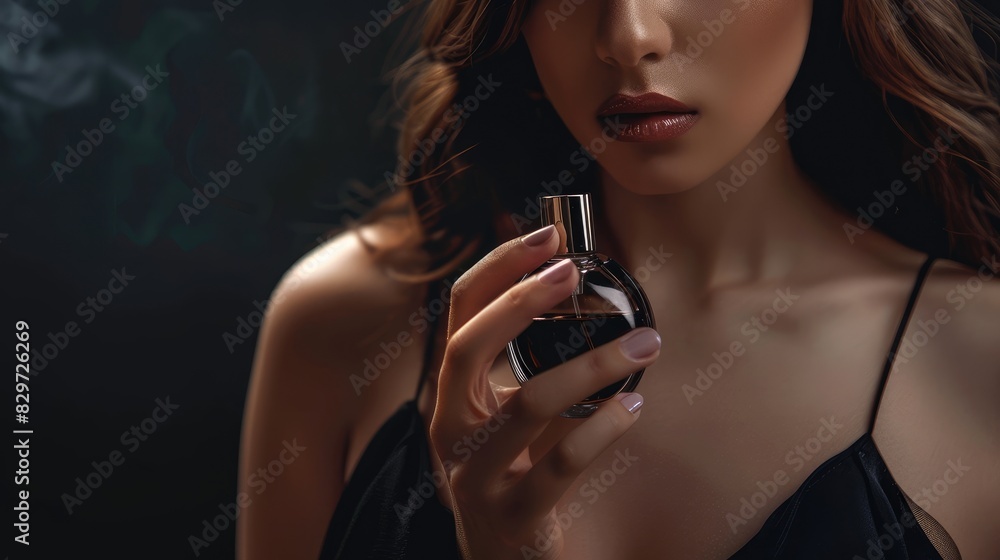 Attractive young lady holding perfume bottle against dark background close up shot Attractive young lady holding perfume bottle against dark background close up shot