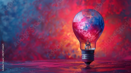 A solitary light bulb illuminates against a striking red and blue cosmic-like background, evoking a sense of wonder and discovery photo