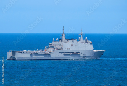 Amphibious assault ship type LPD Galicia L51 in the bay of Gijon on the occasion of DIFAS 2024 in Asturias. © StockPhotoAstur