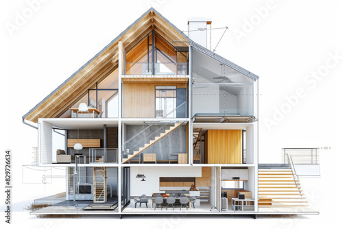 Modern single-family house with cutaway view of interior layout