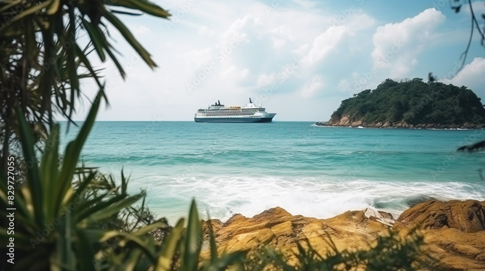 Naklejka premium A large yacht sails on the sea in the morning sun, a tropical island with palm trees. AI generated.