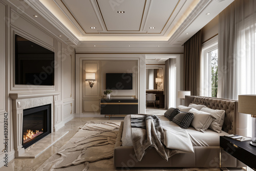 Elegant classic bedroom interior with fireplace and luxurious decor