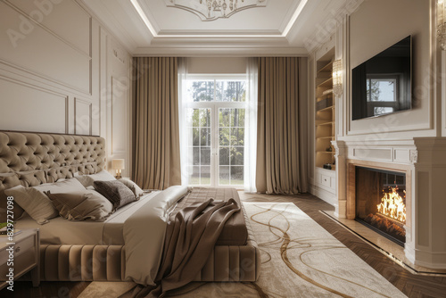 Elegant classic interior bedroom with fireplace and natural light