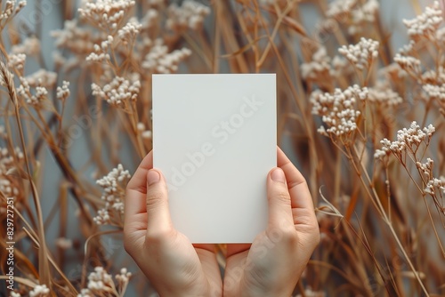 Hands holding a blank card amidst dried flowers for mockup use.