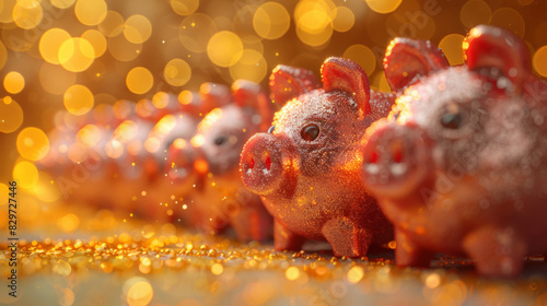 Row of glittering golden piggy banks with coins, symbolizing wealth, savings, and prosperity.